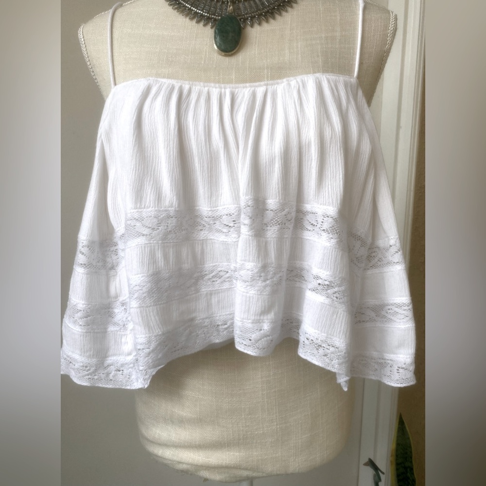 free people white strappy crop top lacy cami ruffled summer tank sz l